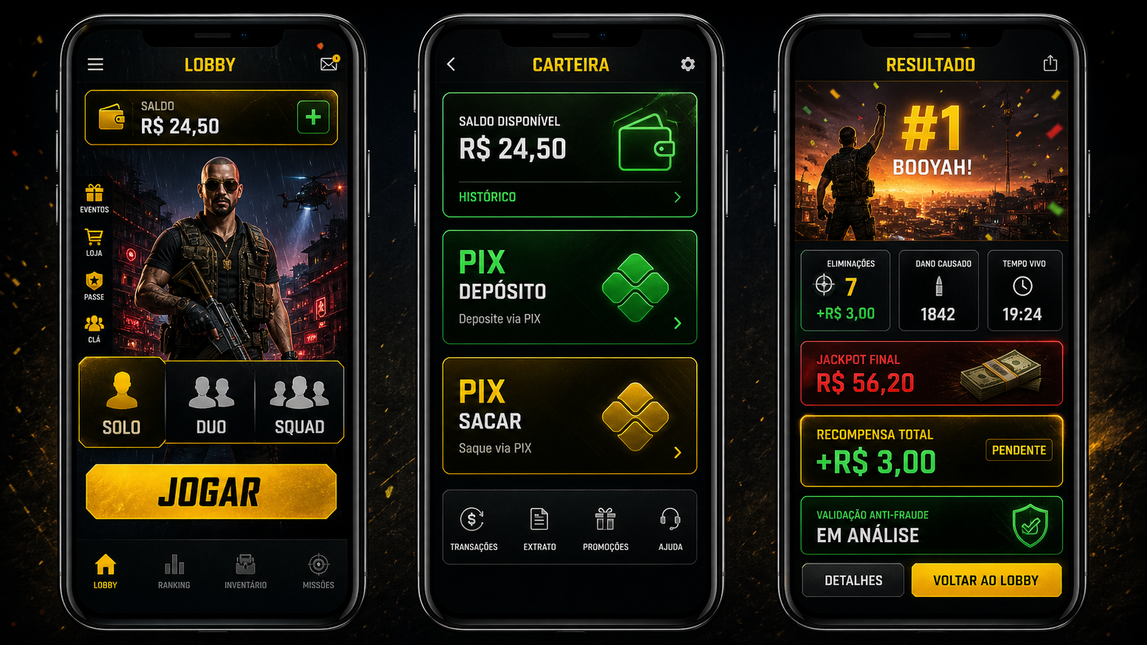 Mockups de lobby, carteira e resultado do Shot Win